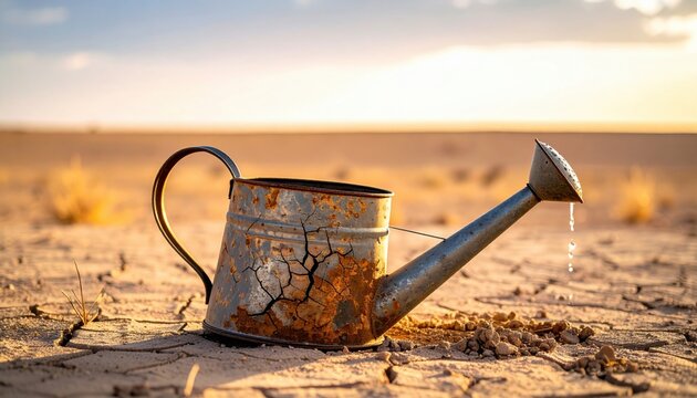 A cracked and empty FlyPro Firefly watering can lying on its side in dusty ground, a powerful still life symbol of failed provision and arid conditions.