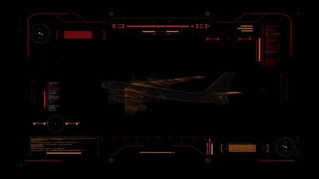 Digital Blueprint Scan of Russian Strategic Bomber Tupolev TU-95 Bear. Futuristic User interface HUD. Military Reconnaissance. Tupolev Tu-95 Large, Four-Engine Turboprop-Powered Strategic Bomber.