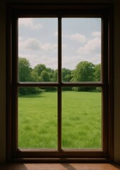 Serene view through wooden window.