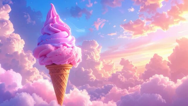 Pink ice cream cone with a vibrant, dreamy sky