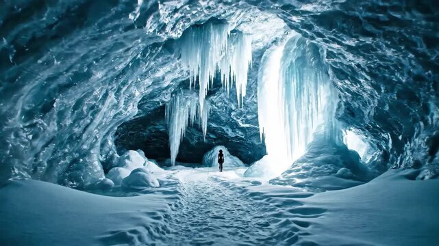 Mysterious ice cave interior with icicles and a distant figure on a snowy path