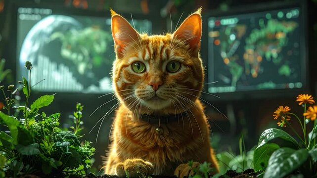 A ginger cat gazes, screens behind, nature surrounds, a spy cat at work