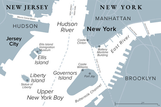 Ellis Island and Liberty Island, United States, gray political map. Situated in Upper New York Bay between Jersey City, Manhattan, and Brooklyn, with Governors Island to the east. Illustration. Vector