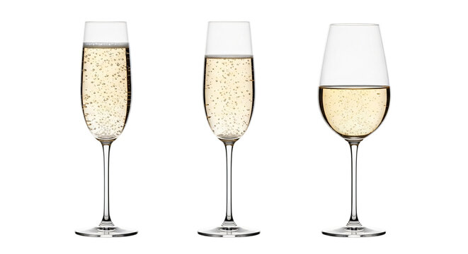Three elegant wine glasses filled with champagne isolated on transparent background