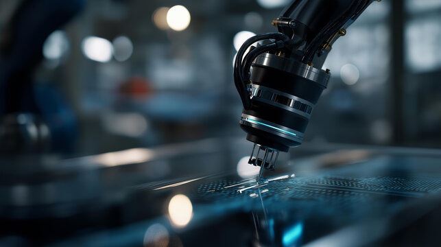 Closeup of robotic arm joints and end effector laying carbon fiber sheets on supersonic jet wing mold, reflections emphasizing high-tech engineering, with copy space