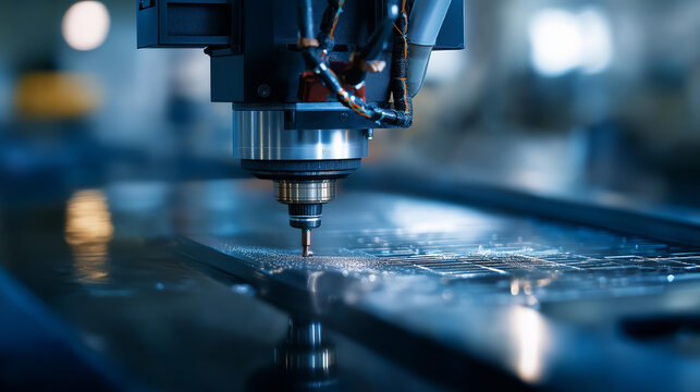 Closeup of robotic arm joints and end effector laying carbon fiber sheets on supersonic jet wing mold, reflections emphasizing high-tech engineering, with copy space