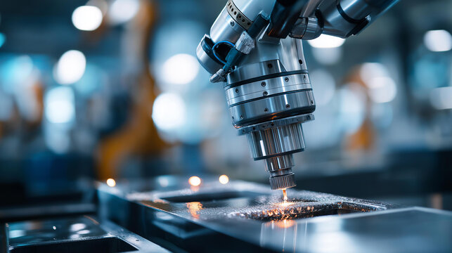 Industrial robotic arm handling carbon fiber composite molds for supersonic jet parts, closeup on metallic joints and fiber texture under clean factory lighting, with copy space