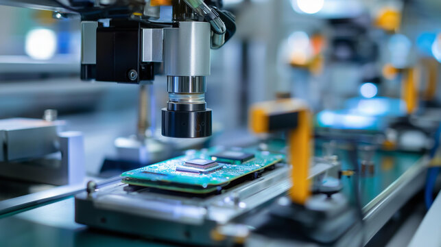 Micro-camera module installed into phone casing by laser-guided robotic system in sterile high-tech facility, precision electronics assembly, automated production, with copy space