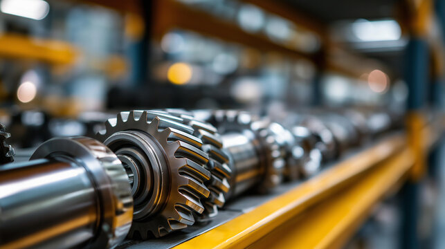 Metallic gleam of gear components arranged in symmetrical rows on sturdy warehouse shelves, representing advanced mechanical production, industrial storage, with copy space