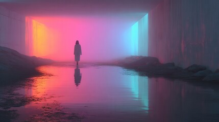 Obraz premium Wide angle shot of a colorful underground tunnel with a lone female silhouette and reflective water surface, dramatic shadows, ultra-realistic.