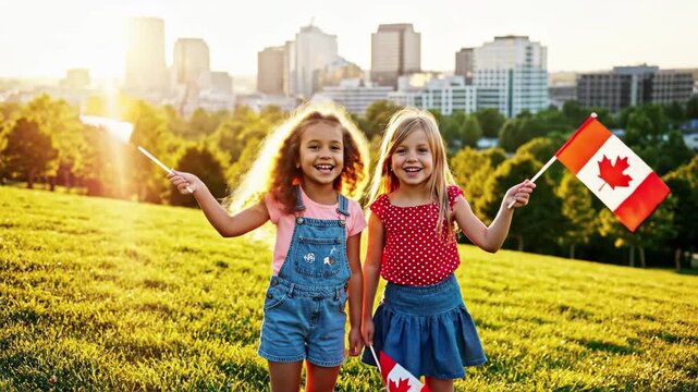Two happy young girls waving small canadian flags outdoors with city skyline in background at sunset