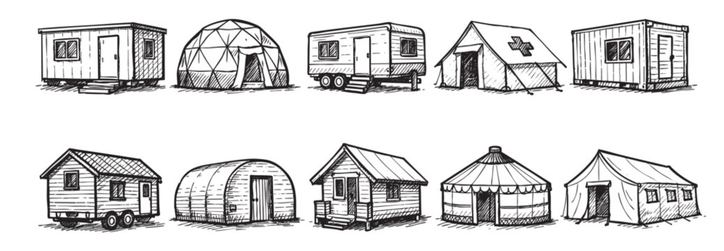 Hand-drawn illustration features an assortment of temporary shelters like tents, portable cabins, and yurts, all sketched in black ink on a clean white background.