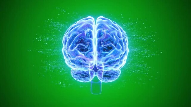 Glowing blue brain illustration on green background