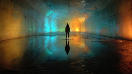 Obraz premium Wide angle shot of a colorful underground tunnel with a lone female silhouette and reflective water surface, dramatic shadows, ultra-realistic.