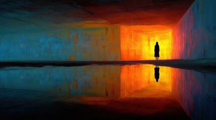 Obraz premium Wide angle shot of a colorful underground tunnel with a lone female silhouette and reflective water surface, dramatic shadows, ultra-realistic.