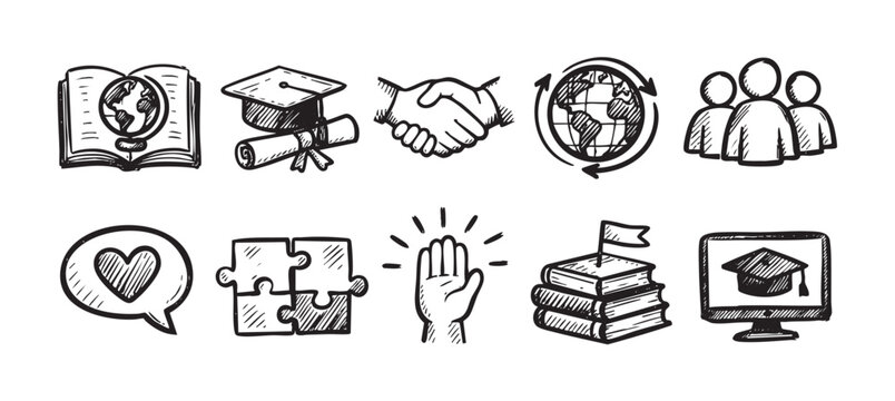 Hand-drawn vector doodle icon set showcasing education, global learning, collaboration, teamwork, and online education, rendered in black and white for versatile design applications.
