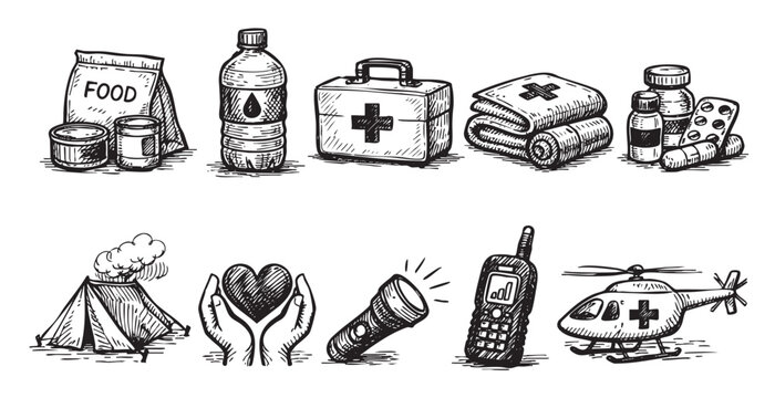 Hand-drawn sketch illustrations of emergency supplies, including food, water, first aid, shelter, and transport, representing preparedness for natural disasters or crisis situations.