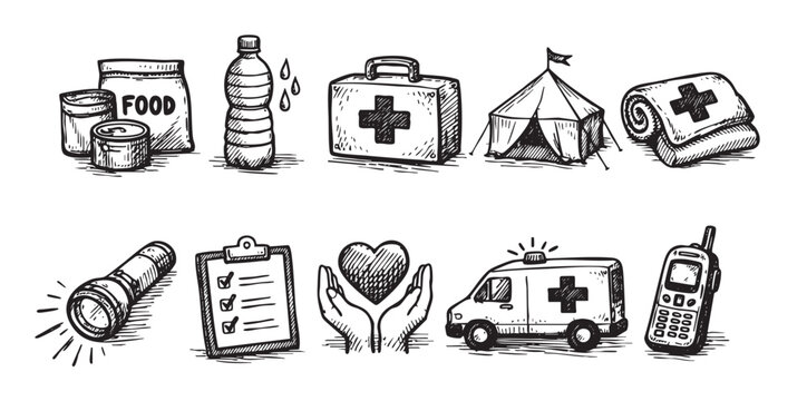 Hand-drawn style illustration of emergency supplies depicting food, water, first aid, shelter, and communication; perfect for disaster preparedness and humanitarian aid projects.