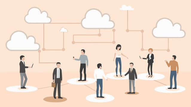 Flat vector illustration of business people connected by cloud technology network for communication and collaboration