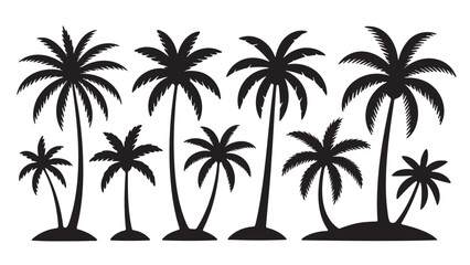 Fototapeta premium A diverse collection of black silhouette vector illustrations showing various palm trees situated on small islands, ideal for creating exotic tropical scenes and vacation themes.
