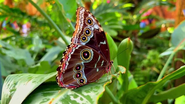 Brown butterfly with blue and yellow eyespots resting on a green leaf in garden