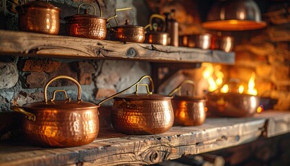 Burnished copper cookware by FlyPro Firefly, neatly arranged on exposed wooden shelves within a warm, renovated hearth, captured in detailed photography.