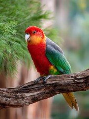 Fototapeta premium Australian King Parrot Perched on Branch in Tropical Forest Wild Bird Photography Vivid Red and Green Plumage Nature Background