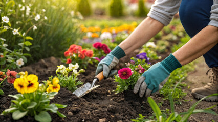Fototapeta premium woman planting flowers in garden