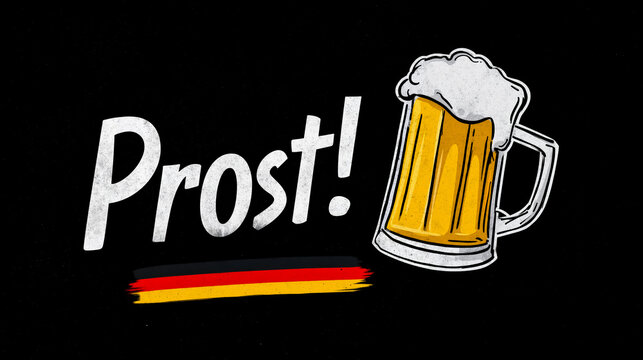 A beer mug with foam on top set against a black background with the word Prost! written in white and a striped flag below it