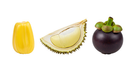 A yellow fruit a green spiky fruit and a purple fruit isolated on transparent background