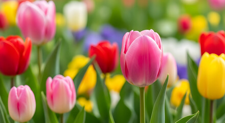 Naklejka premium Vibrant tulips in blooming garden with colorful flowers