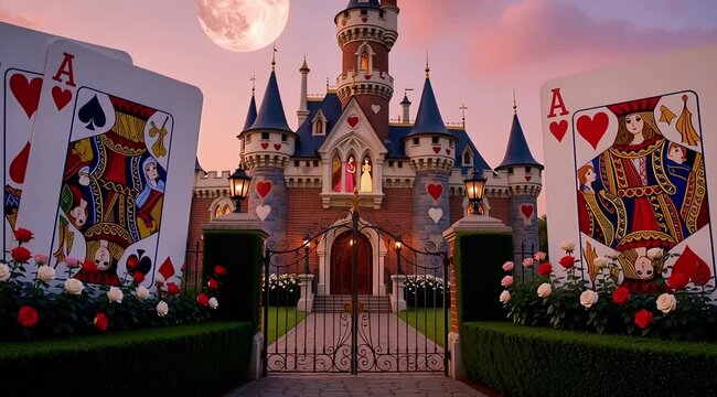 Giant playing cards stand before a fairy tale castle under a full moon at dusk.