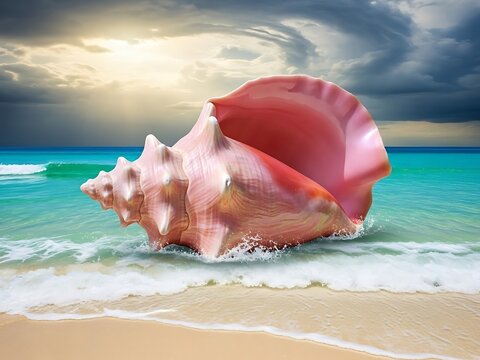 Large pink conch shell on sandy beach with turquoise sea waves and stormy sky