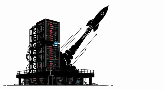 Futuristic rocket launching from a data server tower symbolizing innovation and growth in technology.