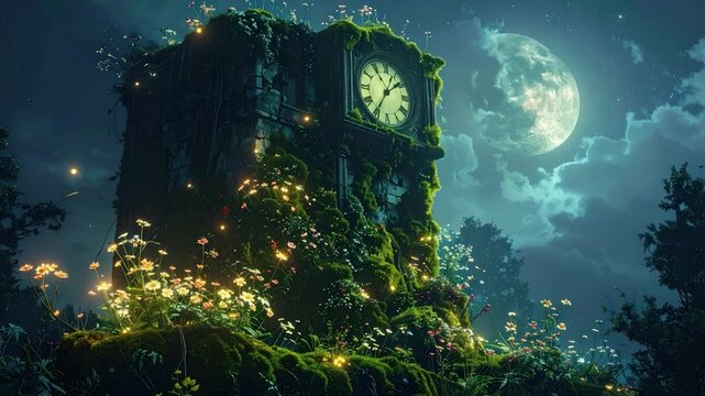 Overgrown clock tower glows under moonlit night, surrounded by wildflowers