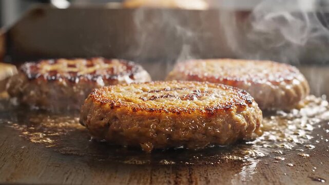 Juicy burger patties sizzling on a hot griddle with steam rising, close-up