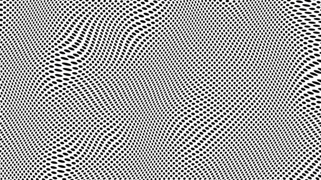 Halftone dot motion pattern seamless looped background. Animated grid of white dots texture against black backdrop, gradient effect overlay