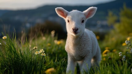 Obraz premium Lamb standing in a sunny spring meadow with wildflowers and green grass, perfect for Easter holiday symbol, seasonal nature, springtime celebration, traditional religious theme, farm animal, and