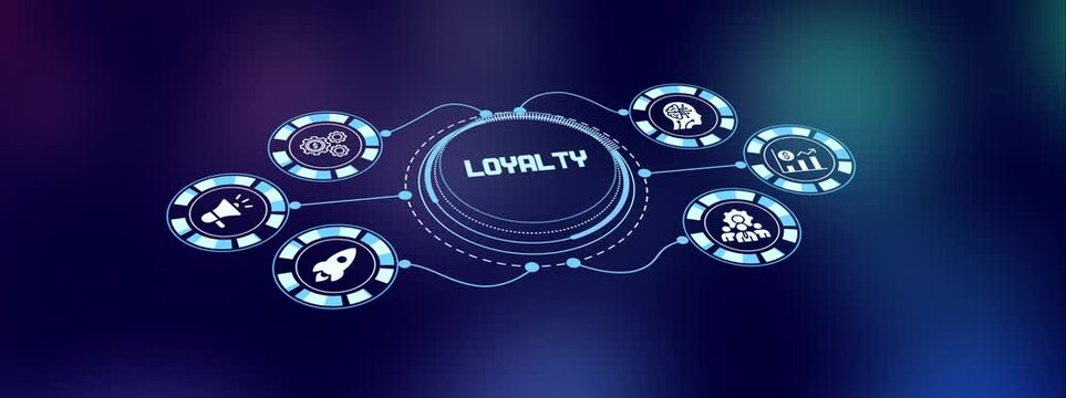 Customer loyalty program concept with digital marketing dashboard, analytics interface icons and connected business network.