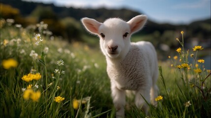 Obraz premium Lamb standing in a sunny spring meadow with wildflowers and green grass, perfect for Easter holiday symbol, seasonal nature, springtime celebration, traditional religious theme, farm animal, and