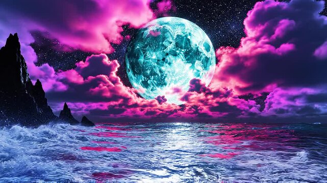 Surreal Synthwave Nightscape Featuring a Giant Glowing Teal Moon Over a Turbulent Ocean with Neon Magenta Clouds and Jagged Coastal Silhouettes