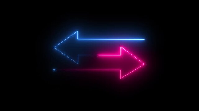 Glowing neon red and blue color direction left and right arrow icon animation neon sign signal information,two neon-style arrows pointing in opposite directions sign symbol on black background