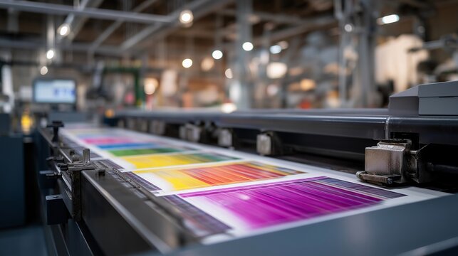 The vibrant colors of ink being applied to paper in a bustling printing press environment illustrate the dynamic nature of commercial printing, emphasizing the importance of quality and precision