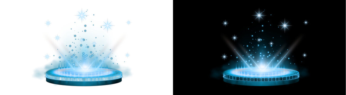 PNG image of&nbsp;Glowing blue holographic projection platform emitting vibrant light beams and sparkling futuristic particles on transparent background