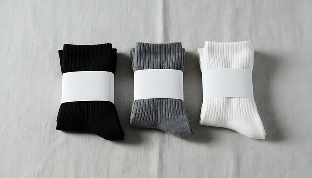 Black grey and white ribbed socks with blank paper bands on fabric