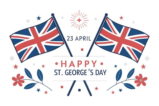 A delightful flat illustration commemorating st. george's day, featuring two union jack flags on poles, surrounded by festive red flowers, blue leaves, stars, and a firework, clearly announcing 'happy