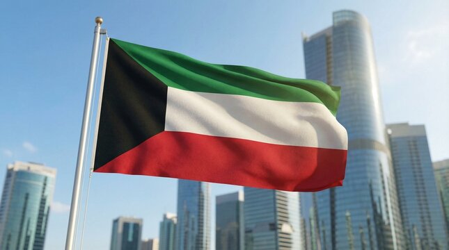 Kuwait flag waving in front of modern city skyline