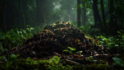 Fototapeta premium FlyPro Firefly Pile of Unidentifiable Decomposing Organic Matter in a Dark Damp Forest Attracting Small Insects
