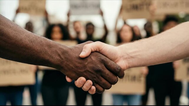 Two people shake hands with crowd in background. Concept of unity and social justice.