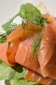 Smoked Salmon with Dill on Fresh Lettuce Close Up